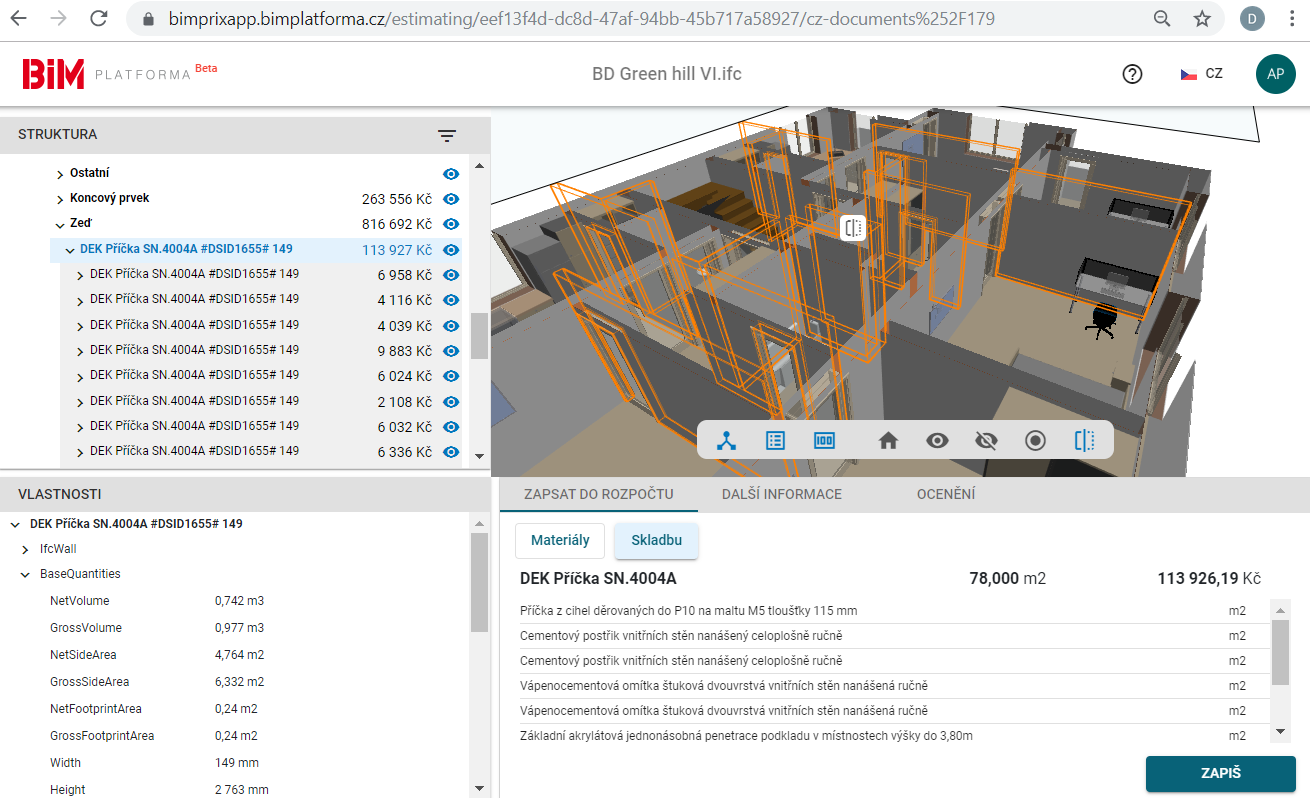 Zobrazení příček na BIM platformě včetně rozpočtu skladby ze Stavební knihovny DEK